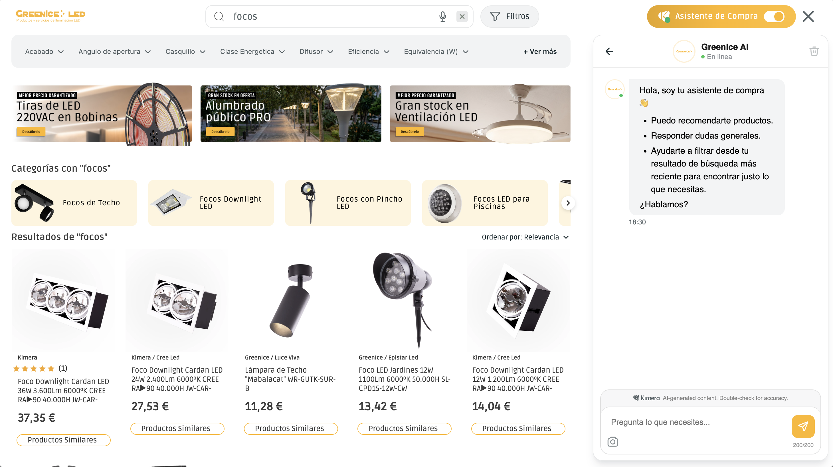 Kimera AI search experience live at Perfumería Júlia — natural language results with the conversational shopping assistant open