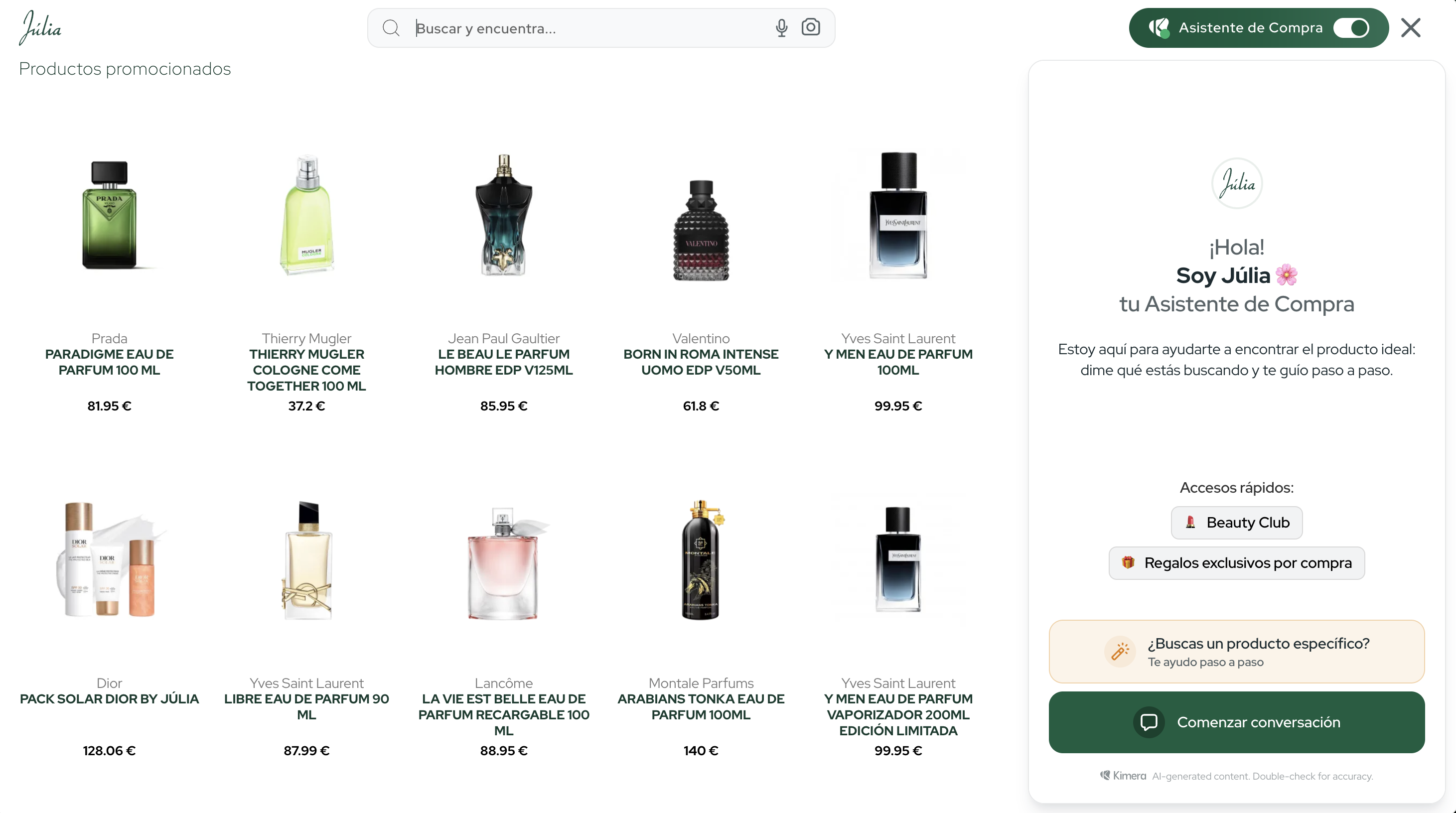 Perfumería Júlia storefront with the Kimera-powered search bar integrated in the header