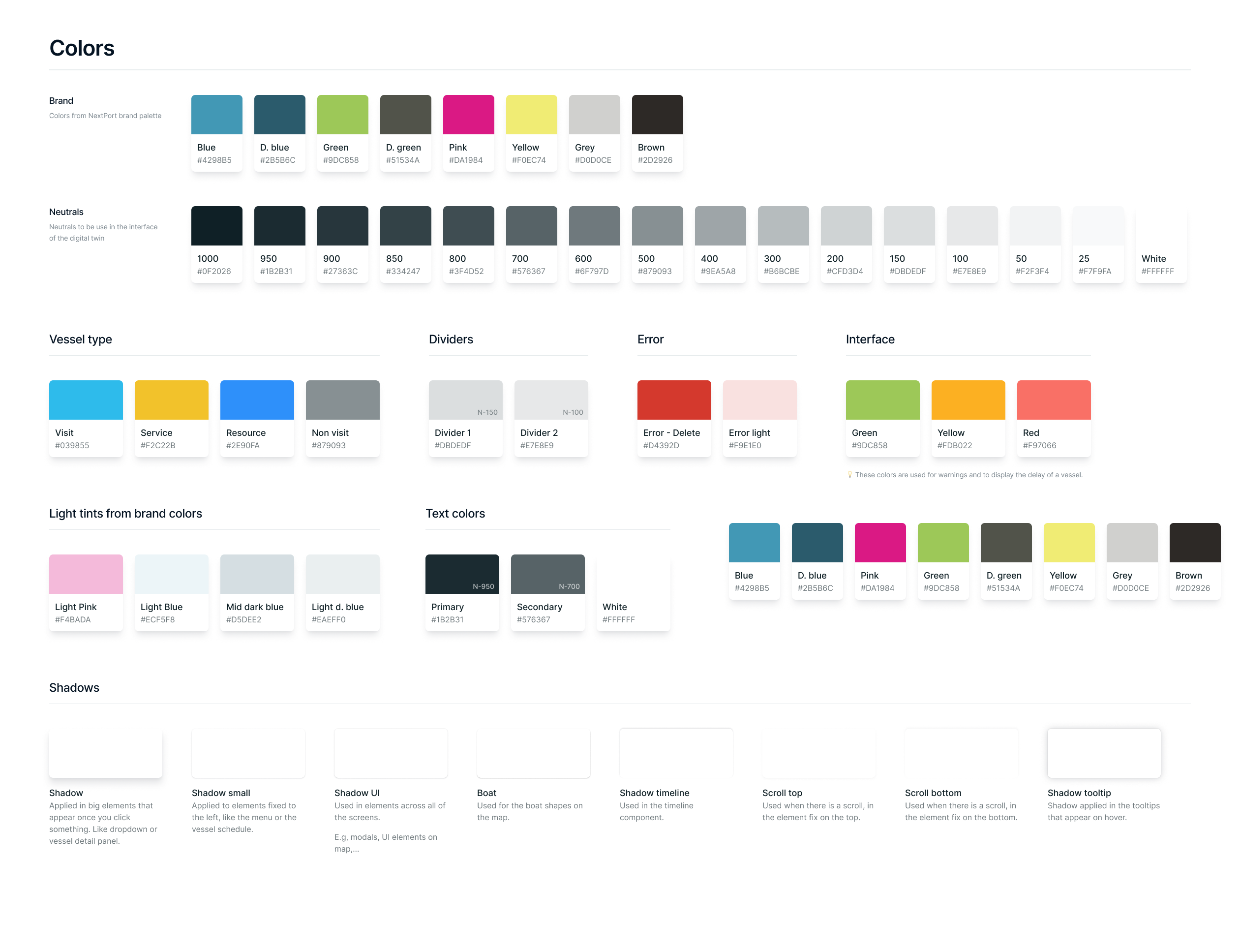 NextPort design system — color tokens, neutrals and semantic palettes