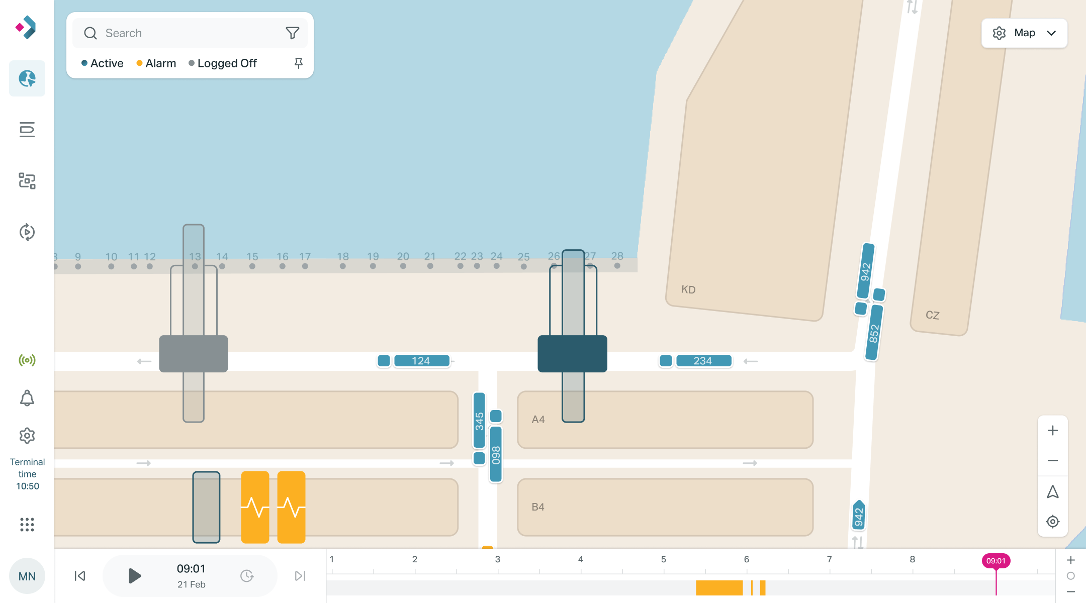 NextPort terminal map — yard and quay cranes monitored in real time