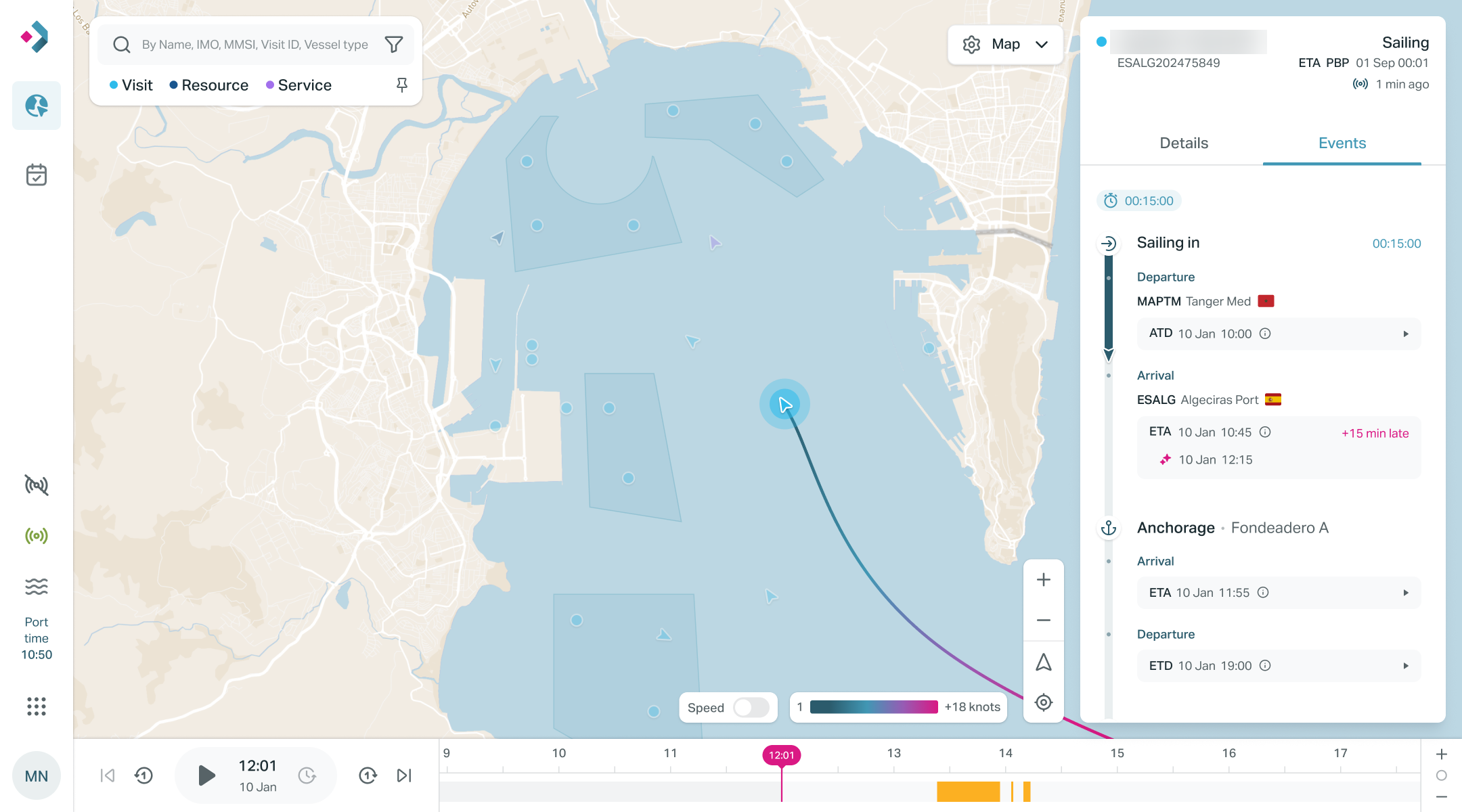 NextPort Top View — live port map with vessel detail panel showing events and AI forecasts