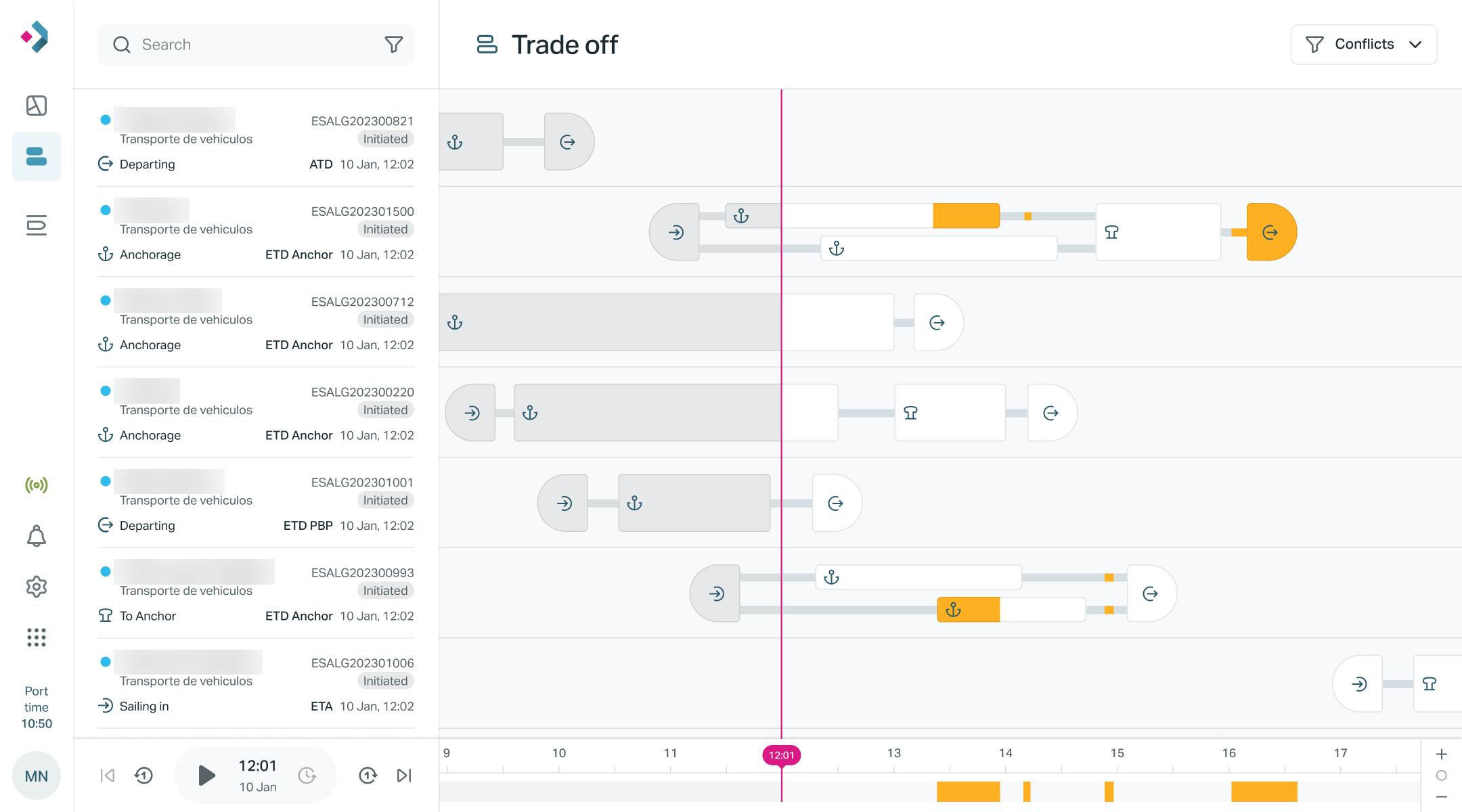 NextPort Trade Off — vessel movements timeline used to resolve berthing conflicts